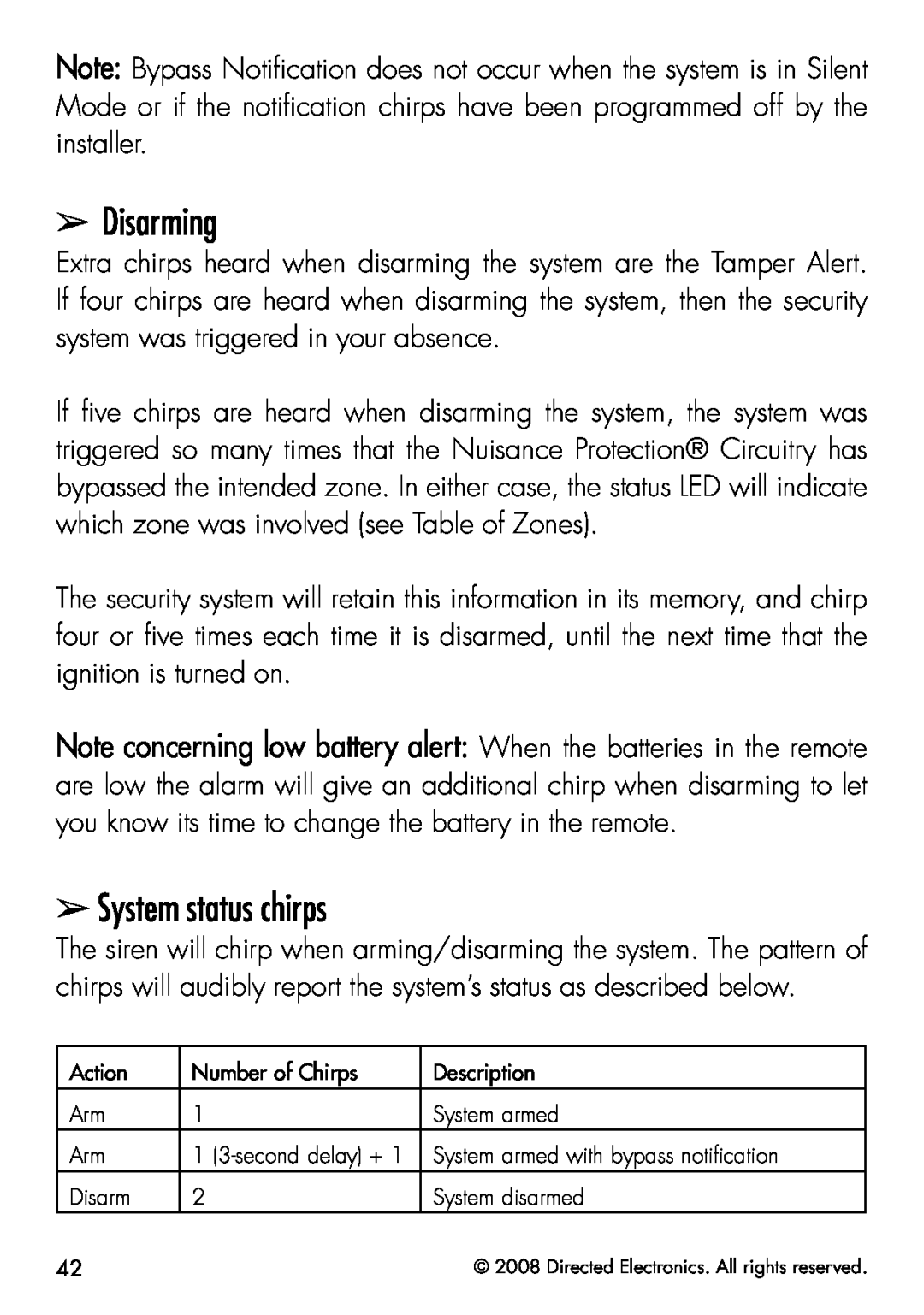 Viper 5901 manual Disarming, System status chirps 