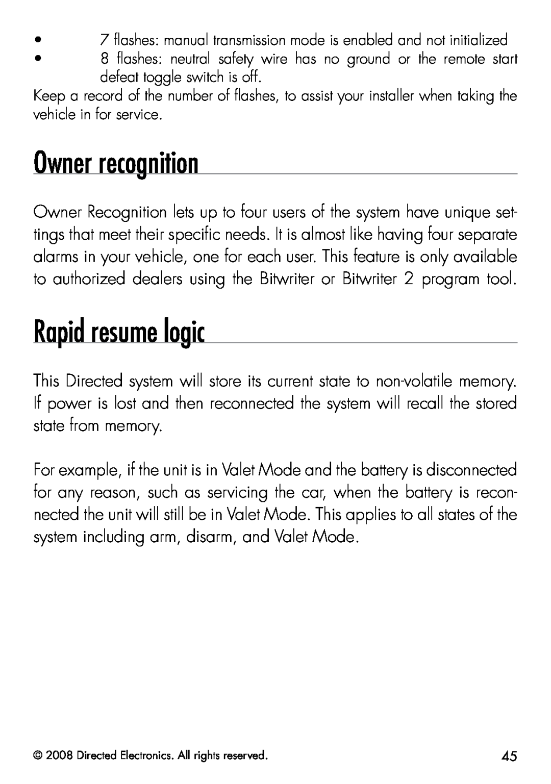 Viper 5901 manual Owner recognition, Rapid resume logic 