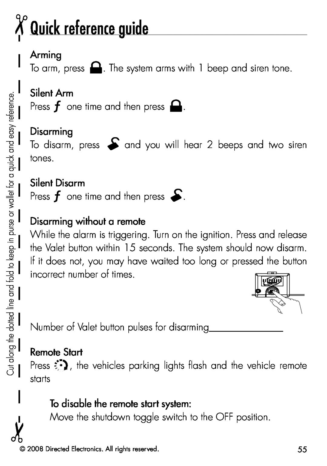 Viper 5901 manual Quick reference guide, Arming To arm, press . The system arms with 1 beep and siren tone 