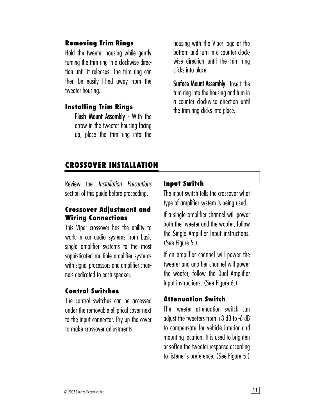 Viper 550.2 Removing Trim Rings, Installing Trim Rings, Crossover Adjustment and Wiring Connections, Control Switches 