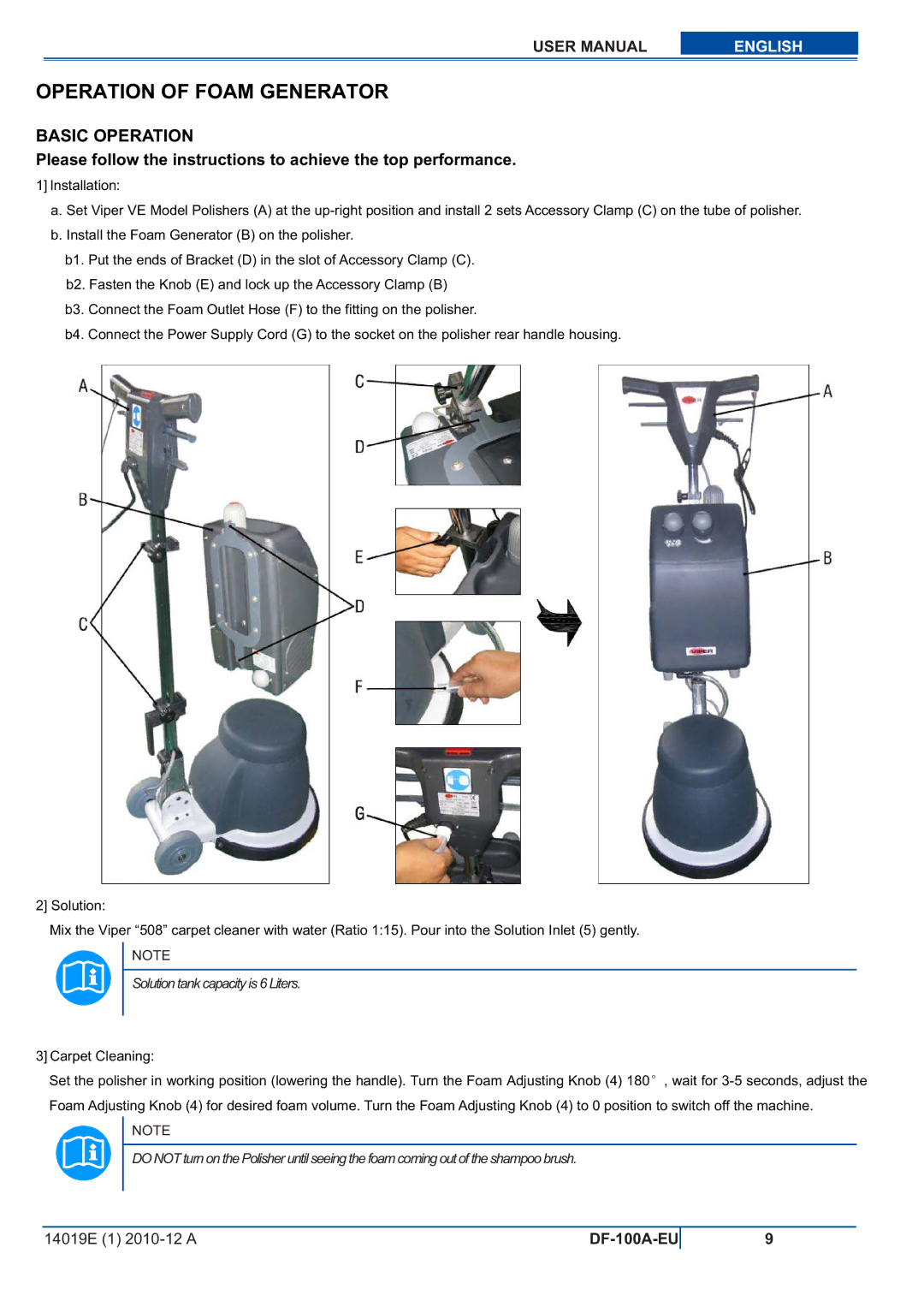 Viper DF-100A-EU user manual Operation of Foam Generator 