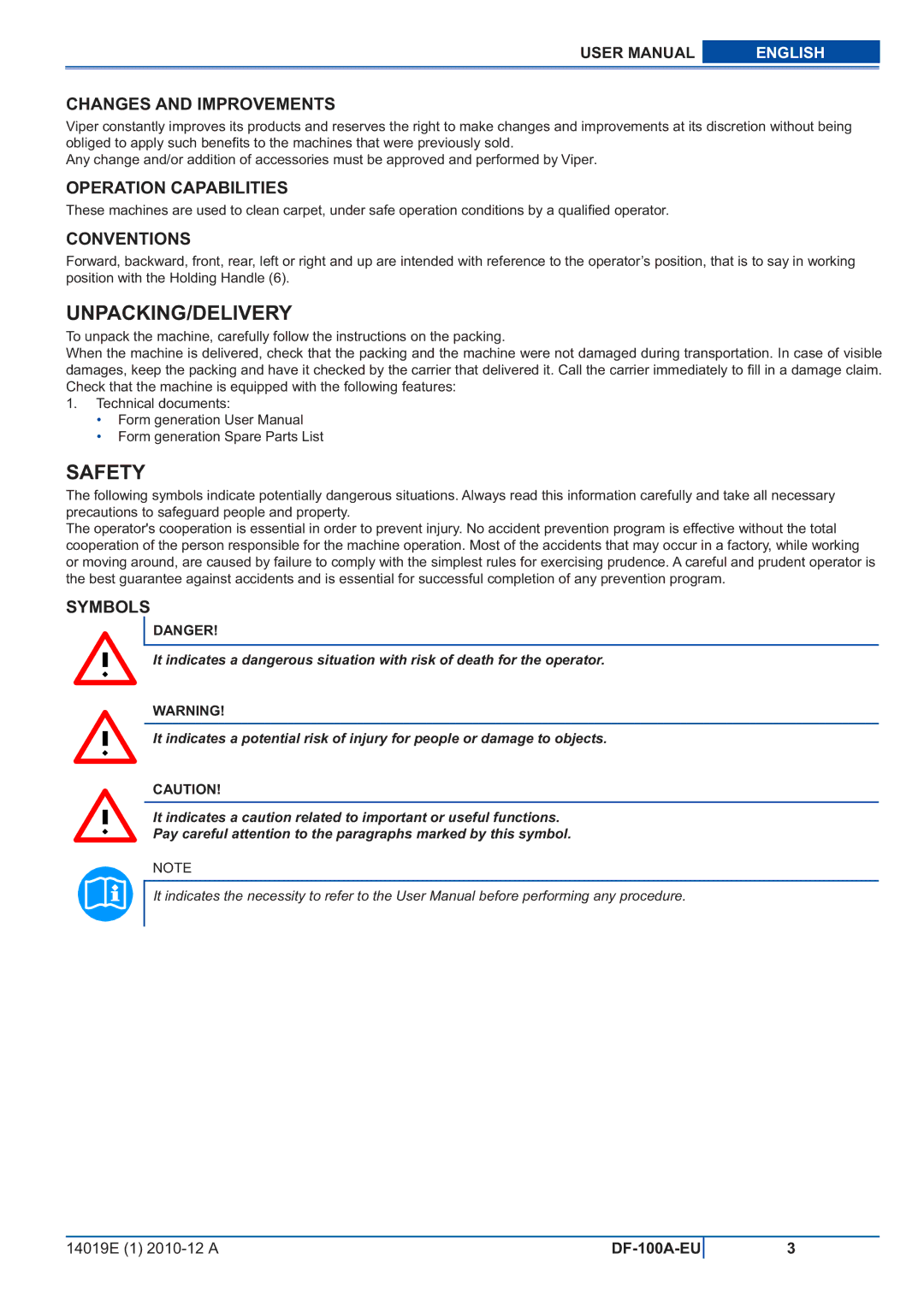 Viper DF-100A-EU user manual Unpacking/Delivery, Safety 