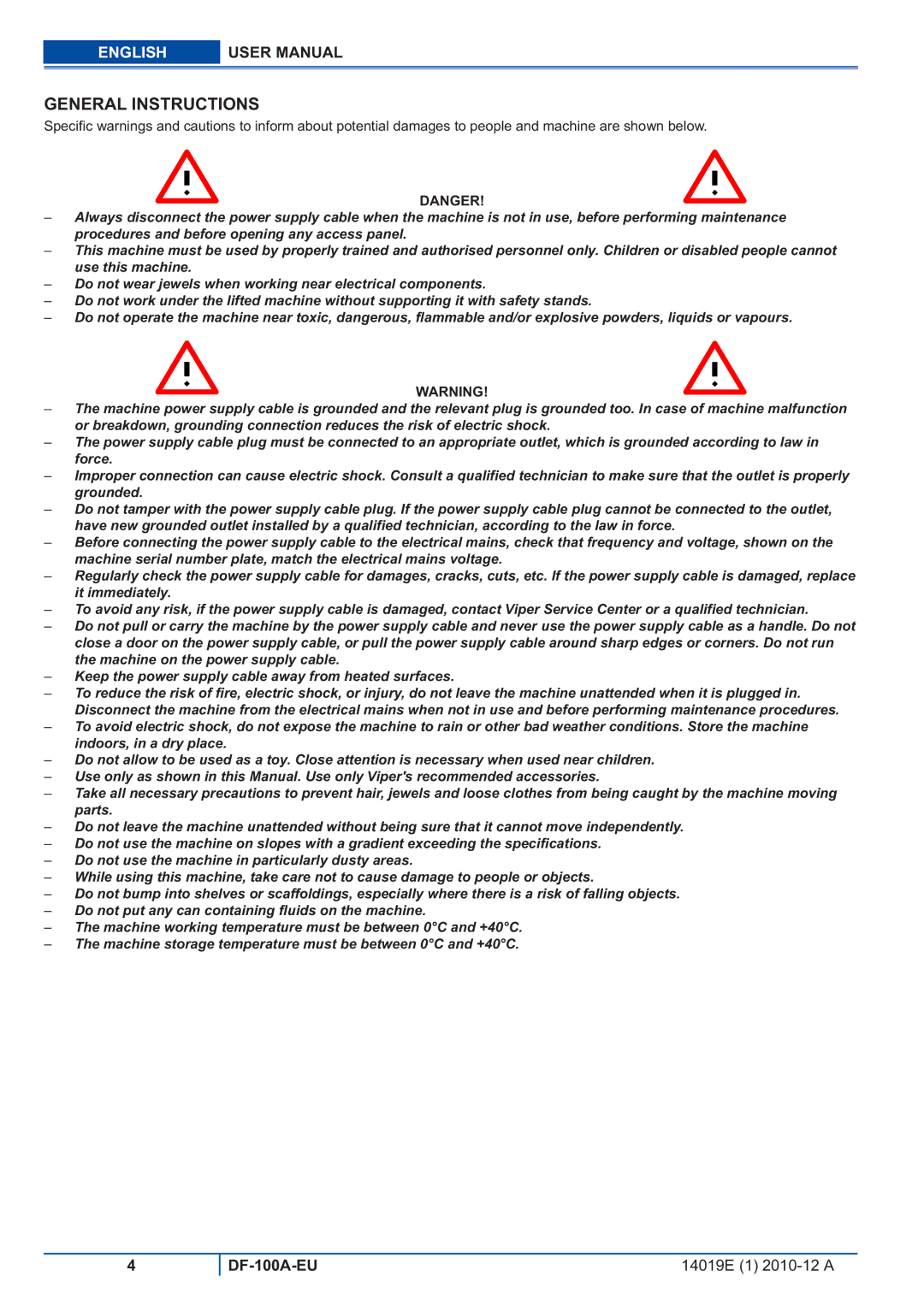 Viper DF-100A-EU user manual General Instructions 