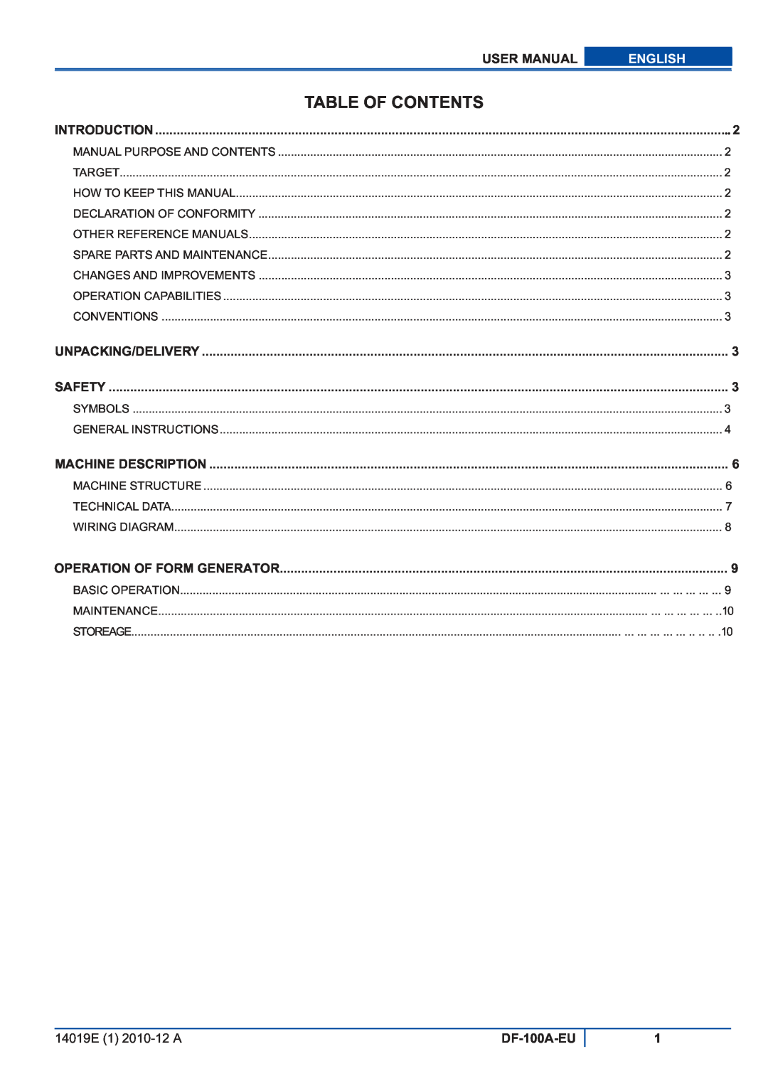 Viper DF-100A-EU user manual Table Of Contents, English 