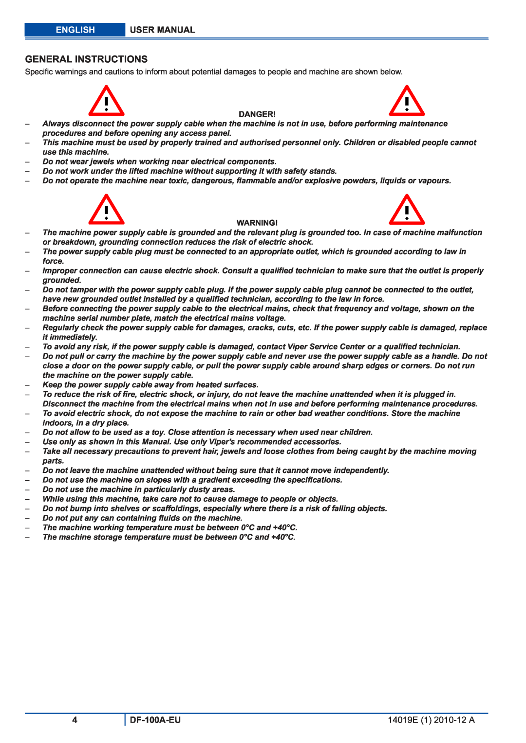 Viper DF-100A-EU user manual General Instructions, English, Danger 