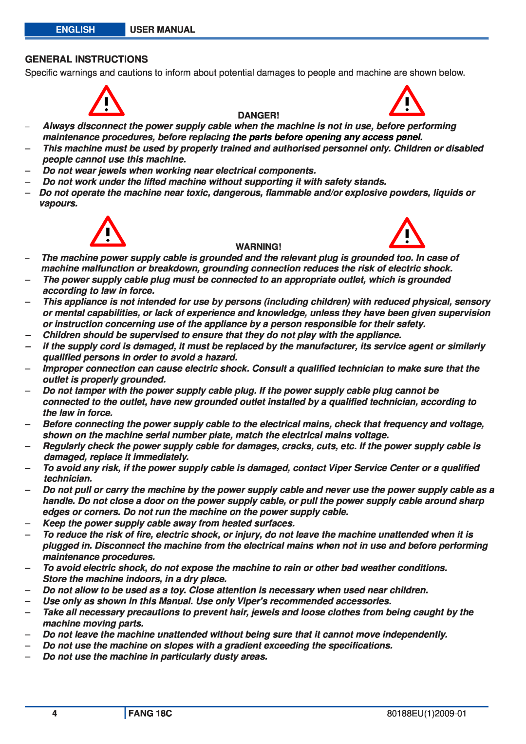 Viper FANG 18C user manual General Instructions, Danger, 80188EU12009-01 
