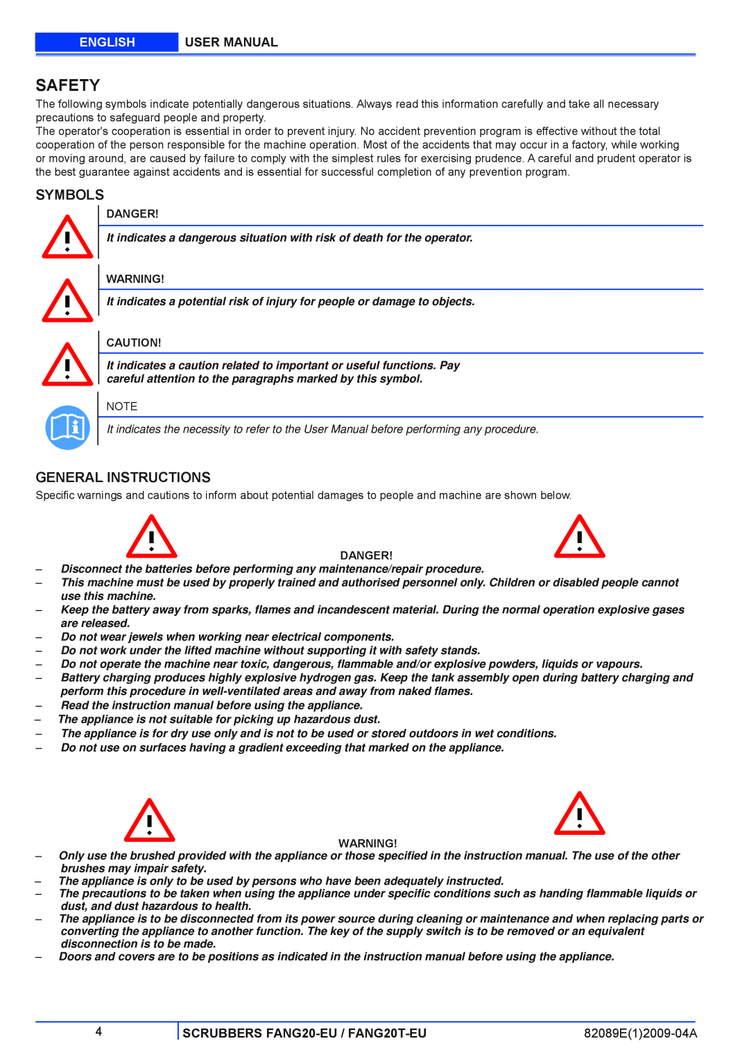 Viper FANG 20T-EU Safety, Symbols, General Instructions, English, SCRUBBERS FANG20-EU / FANG20T-EU, 82089E12009-04A 