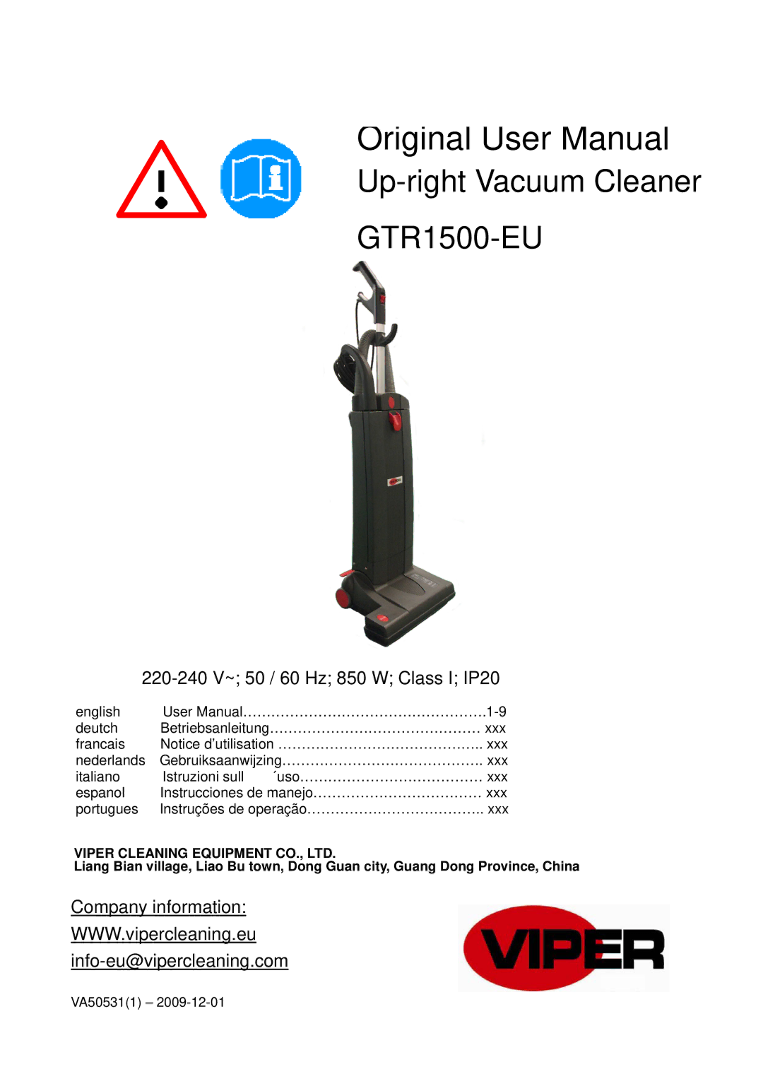 Viper user manual Up-right Vacuum Cleaner GTR1500-EU 