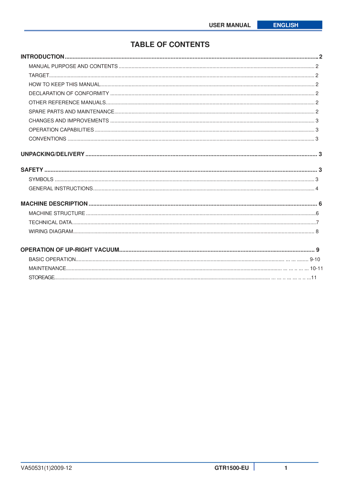 Viper GTR1500-EU user manual Table of Contents 