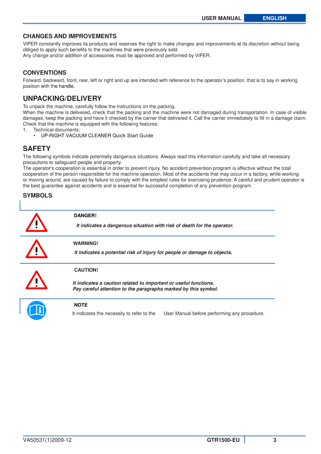 Viper GTR1500-EU user manual Unpacking/Delivery, Safety, Changes and Improvements, Conventions, Symbols 