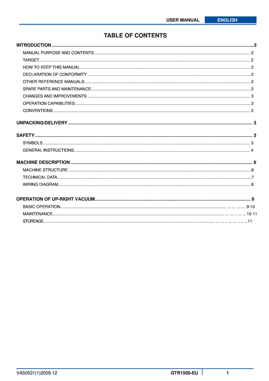 Viper GTR1500-EU user manual Table Of Contents, English, VA5053112009-12 