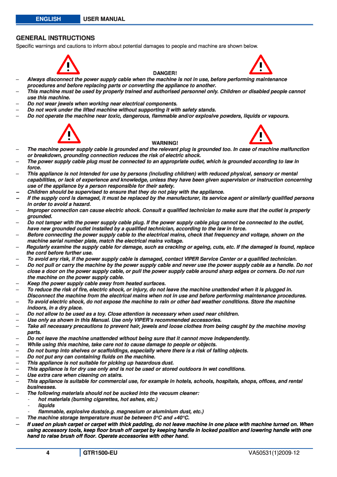 Viper GTR1500-EU user manual General Instructions, English, VA5053112009-12 
