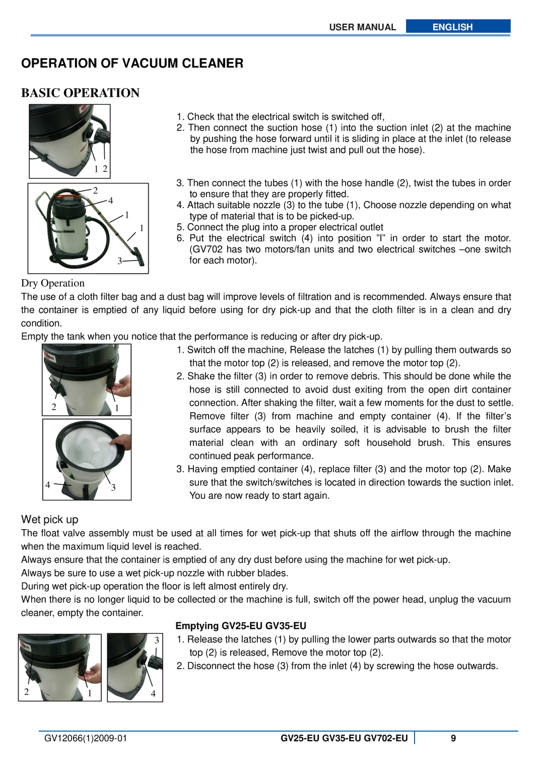 Viper GV702-EU, GV35-EU, GV25-EU user manual Operation of Vacuum Cleaner 