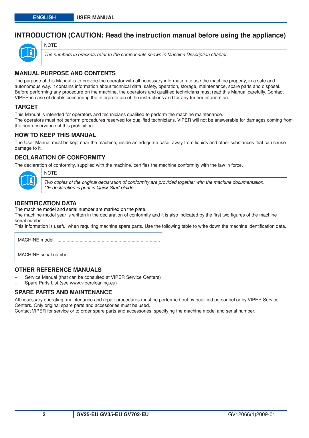 Viper GV35-EU Manual Purpose and Contents, Target, HOW to Keep this Manual Declaration of Conformity, Identification Data 