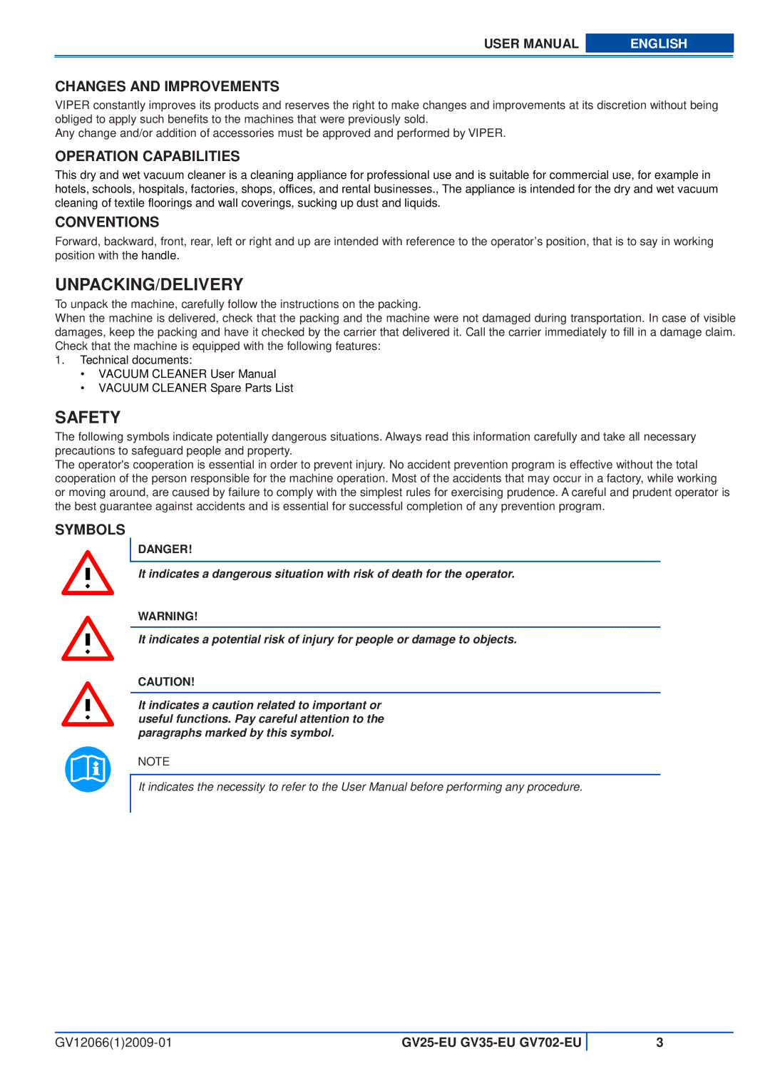 Viper GV702-EU, GV35-EU, GV25-EU user manual Unpacking/Delivery, Safety 