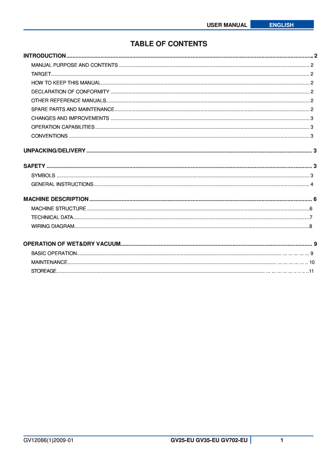 Viper user manual Table Of Contents, English, GV1206612009-01, GV25-EU GV35-EU GV702-EU 