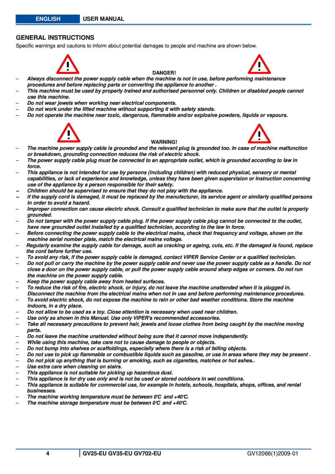 Viper user manual General Instructions, English, GV25-EU GV35-EU GV702-EU, GV1206612009-01, Danger 