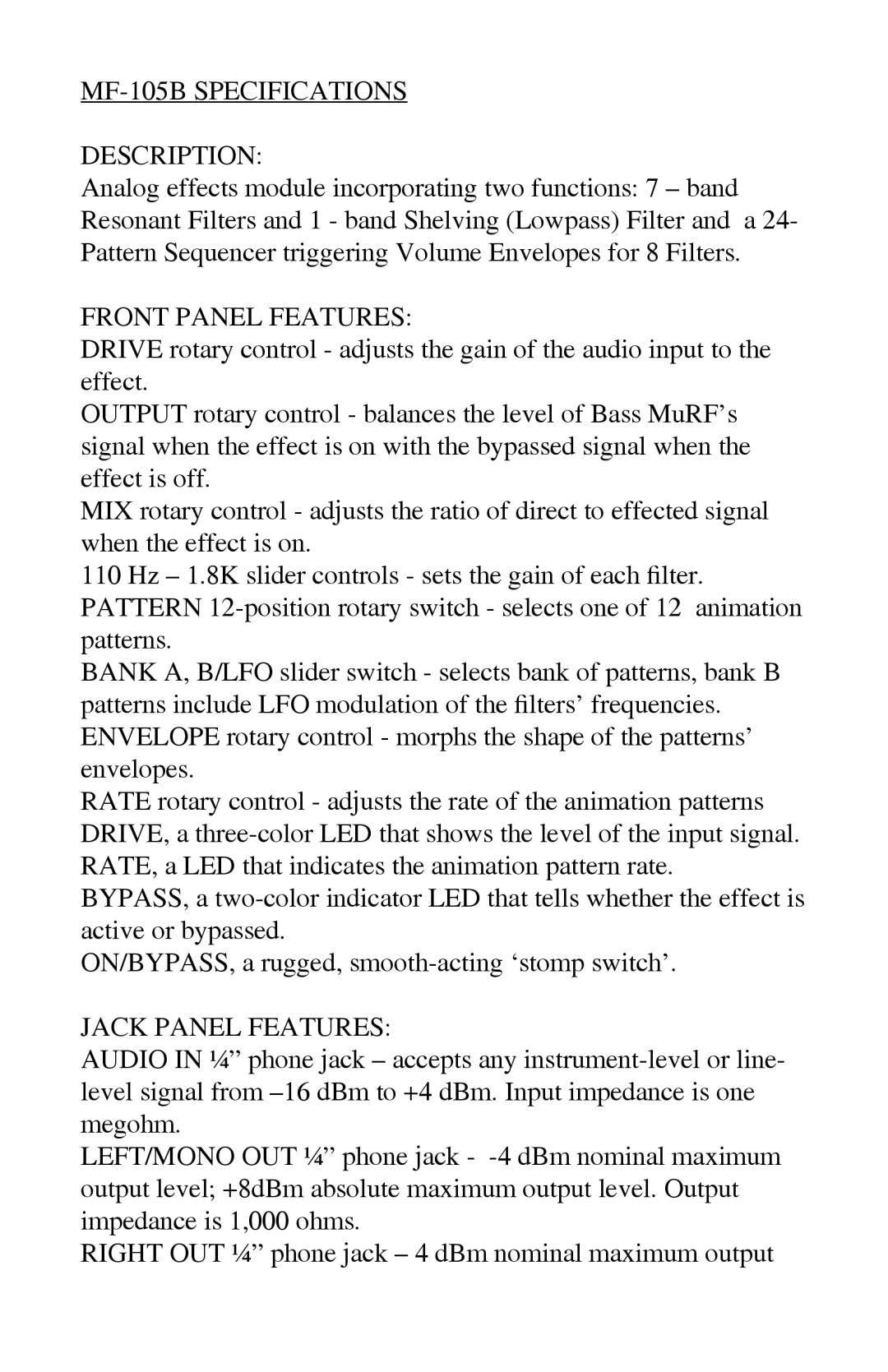 Viper warranty MF-105B Specifications Description, Front Panel Features, Jack Panel Features 