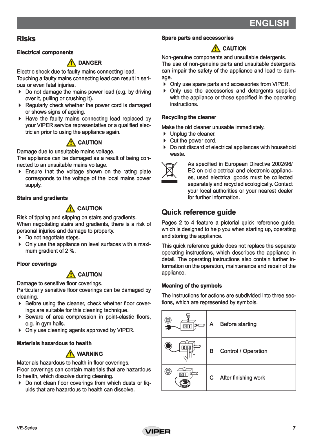 Viper VE 17 P Risks, Quick reference guide, Electrical components DANGER, Stairs and gradients, Recycling the cleaner 