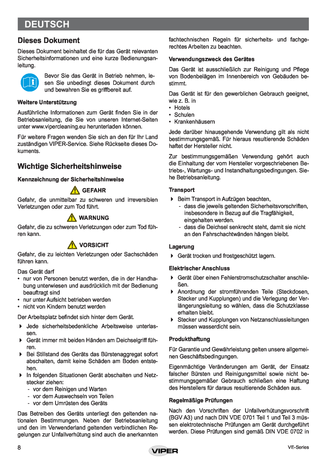 Viper VE 15 P Deutsch, Dieses Dokument, Wichtige Sicherheitshinweise, Weitere Unterstützung, Warnung, Vorsicht, Lagerung 