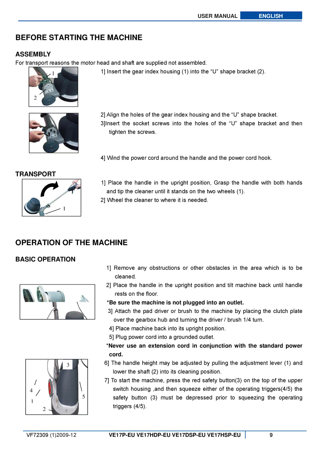 Viper VE 17HSP-EU, VE 17HDP-EU, VE 17DSP-EU, VE 17P-EU user manual Assembly, Transport, Basic Operation 