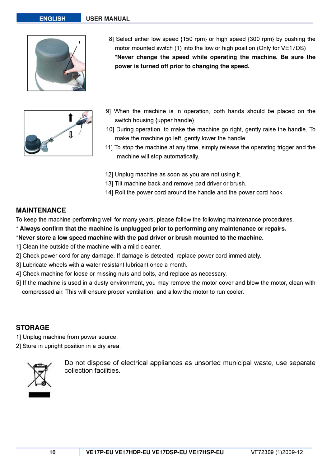 Viper VE 17P-EU, VE 17HDP-EU, VE 17DSP-EU, VE 17HSP-EU user manual Maintenance, Storage 