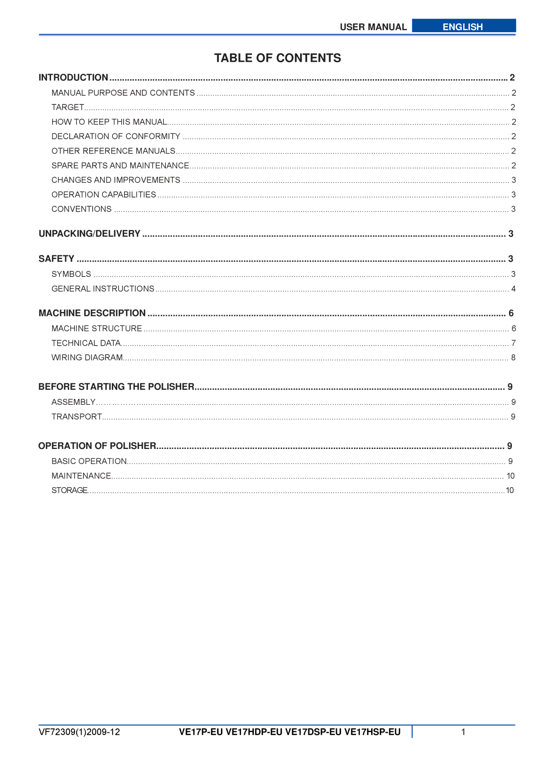 Viper VE 17HSP-EU, VE 17HDP-EU, VE 17DSP-EU, VE 17P-EU user manual Table of Contents 