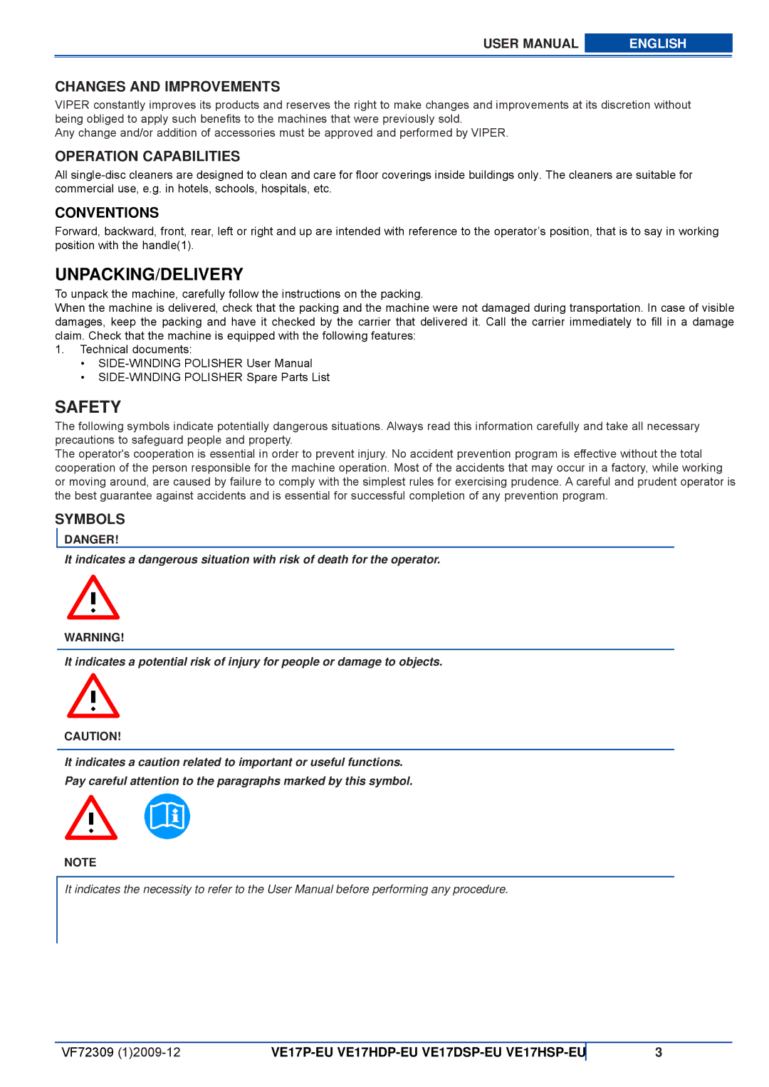 Viper VE 17HDP-EU, VE 17DSP-EU, VE 17HSP-EU, VE 17P-EU Safety, Changes and Improvements, Operation Capabilities, Symbols 