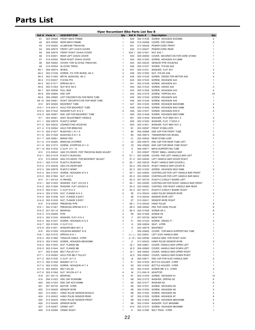 Viper Viper 315-00109 owner manual Viper Recumbent Bike Parts List Rev B 