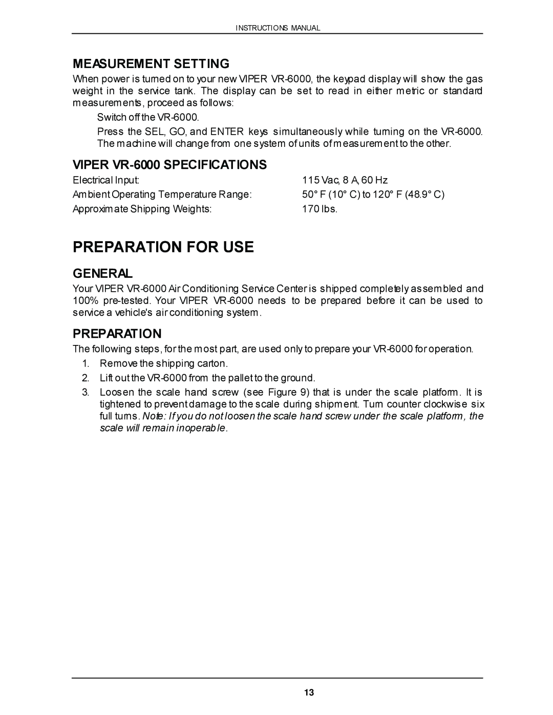 Viper owner manual Preparation for USE, Measurement Setting, Viper VR-6000 Specifications 