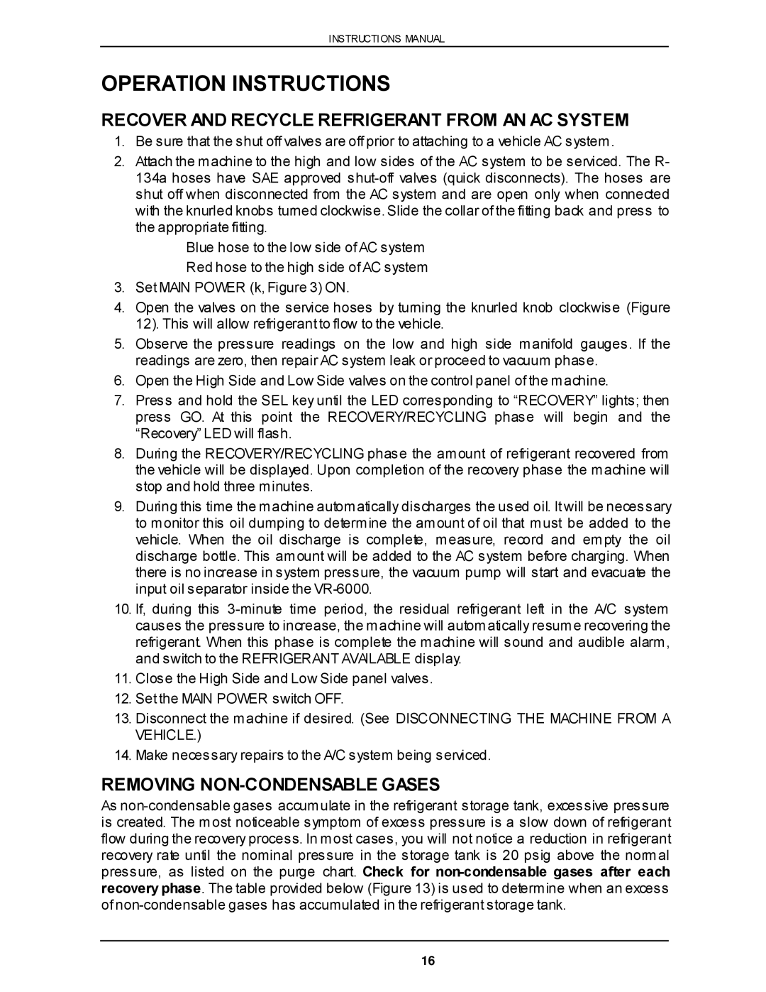 Viper VR-6000 Operation Instructions, Recover and Recycle Refrigerant from AN AC System, Removing NON-CONDENSABLE Gases 