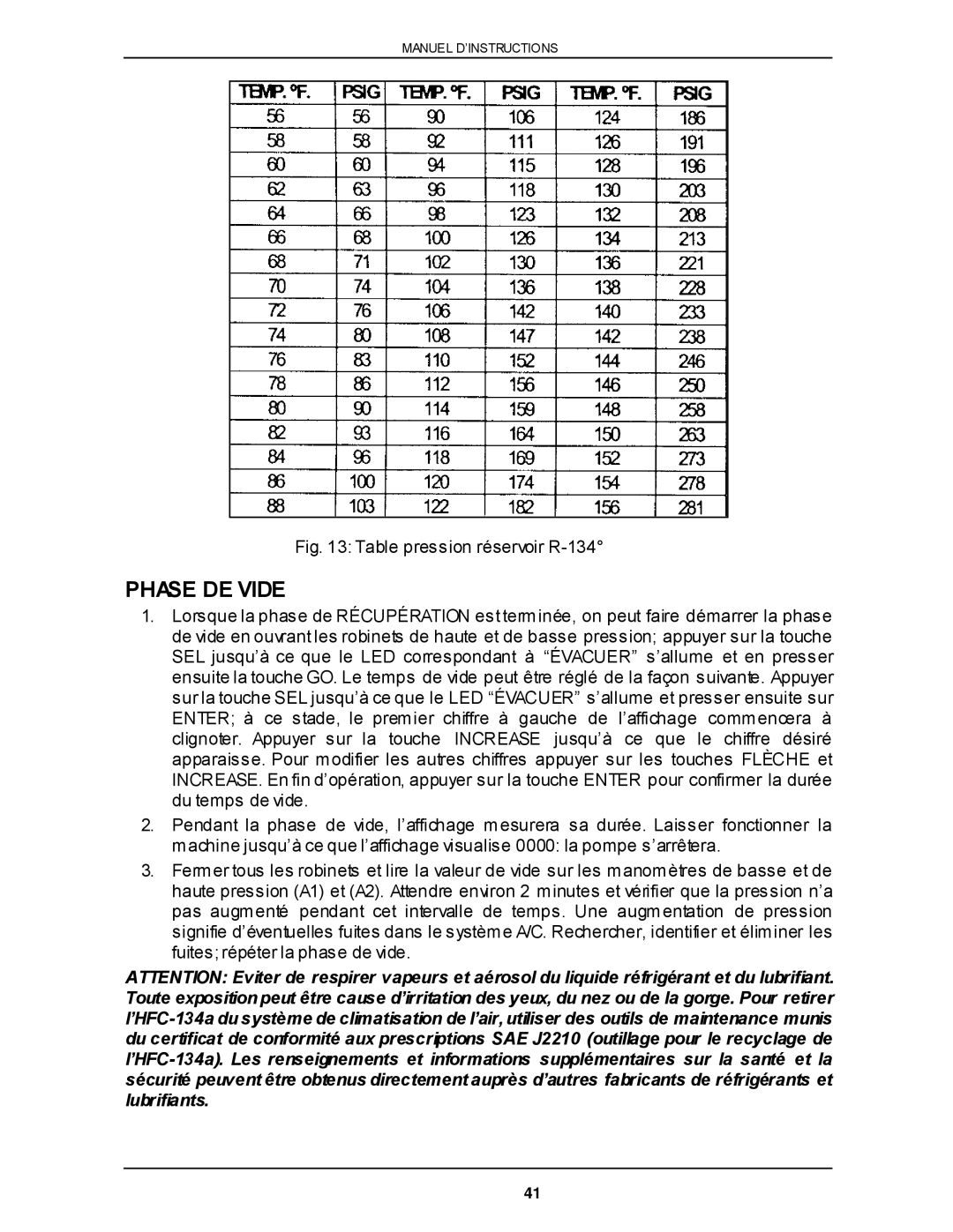 Viper VR-6000 owner manual Phase DE Vide, Table pression réservoir R-134 