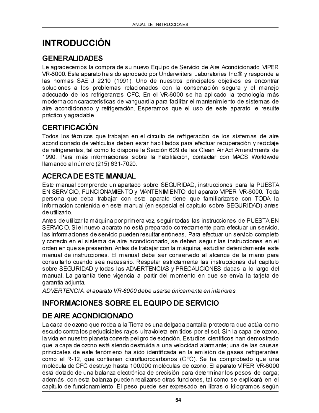 Viper VR-6000 owner manual Introducción, Generalidades, Certificación, Acercade Este Manual 