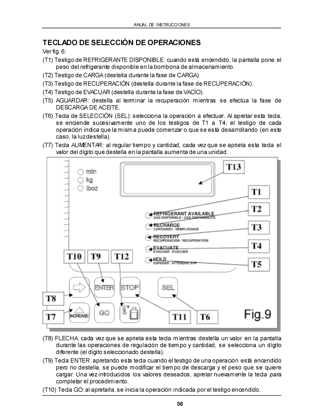 Viper VR-6000 owner manual Teclado DE Selección DE Operaciones, Descarga DE Aceite 