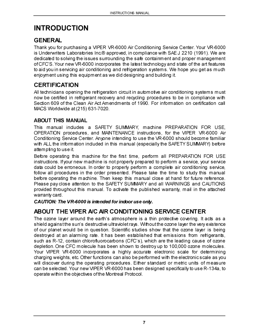 Viper VR-6000 Introduction, General, Certification, About the Viper A/C AIR Conditioning Service Center, About this Manual 