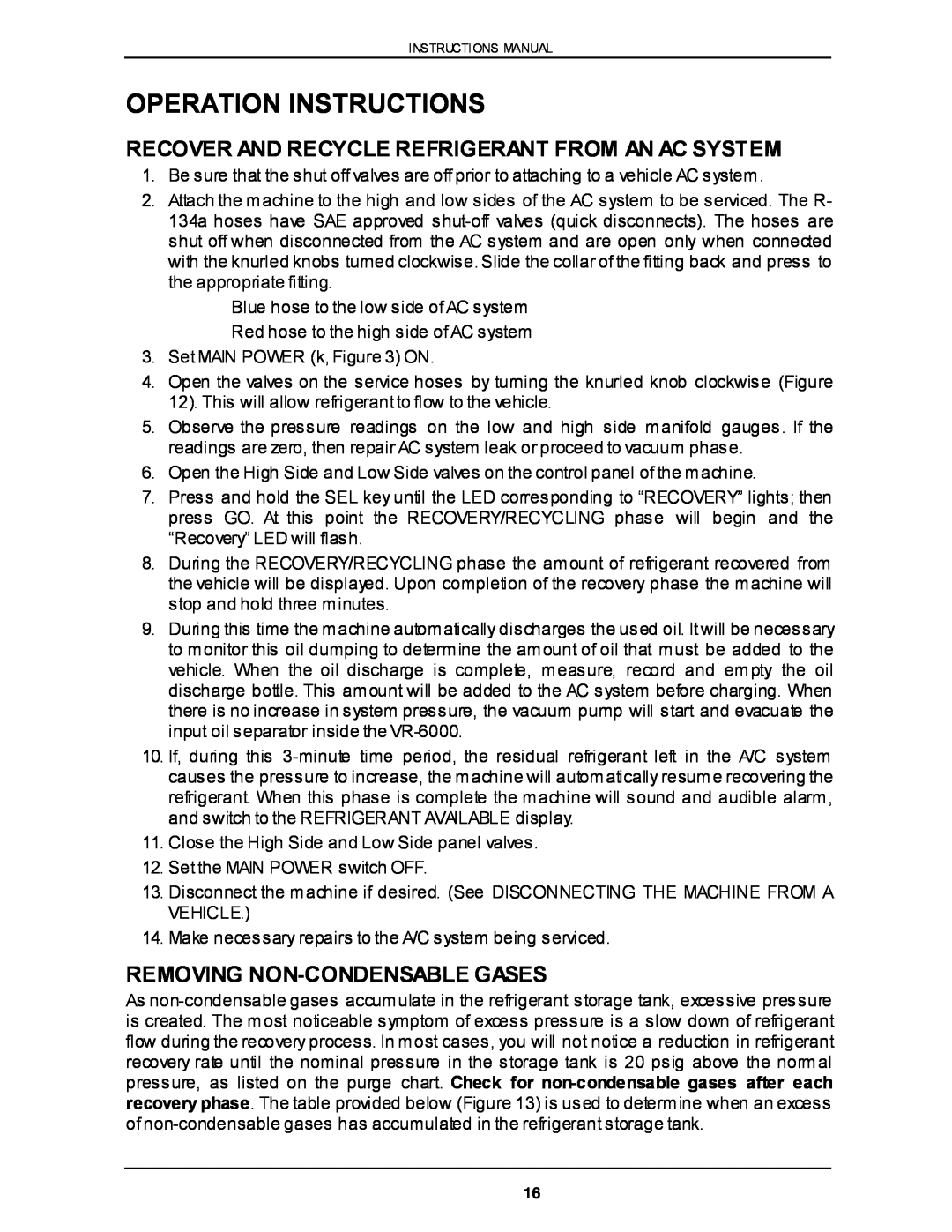 Viper VR-6000 Operation Instructions, Recover And Recycle Refrigerant From An Ac System, Removing Non-Condensablegases 