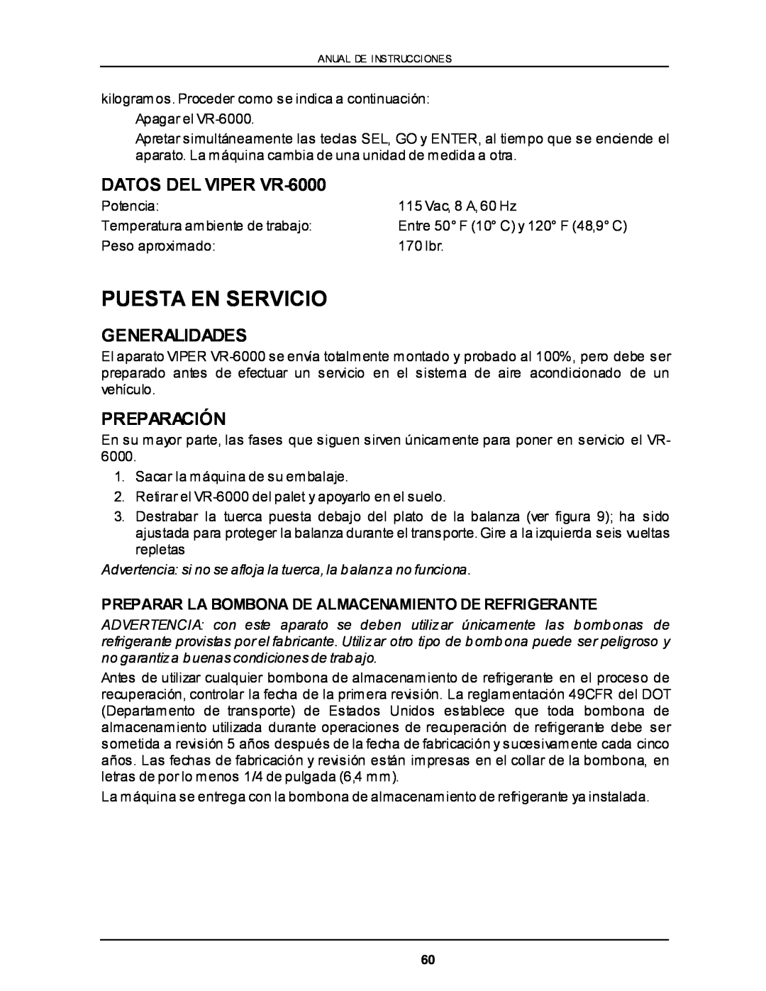 Viper owner manual Puesta En Servicio, DATOS DEL VIPER VR-6000, Preparación, Generalidades 