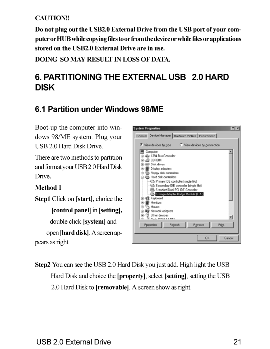 VIPowER USB 2.0 user manual Partition under Windows 98/ME, Method, Control panel in setting 