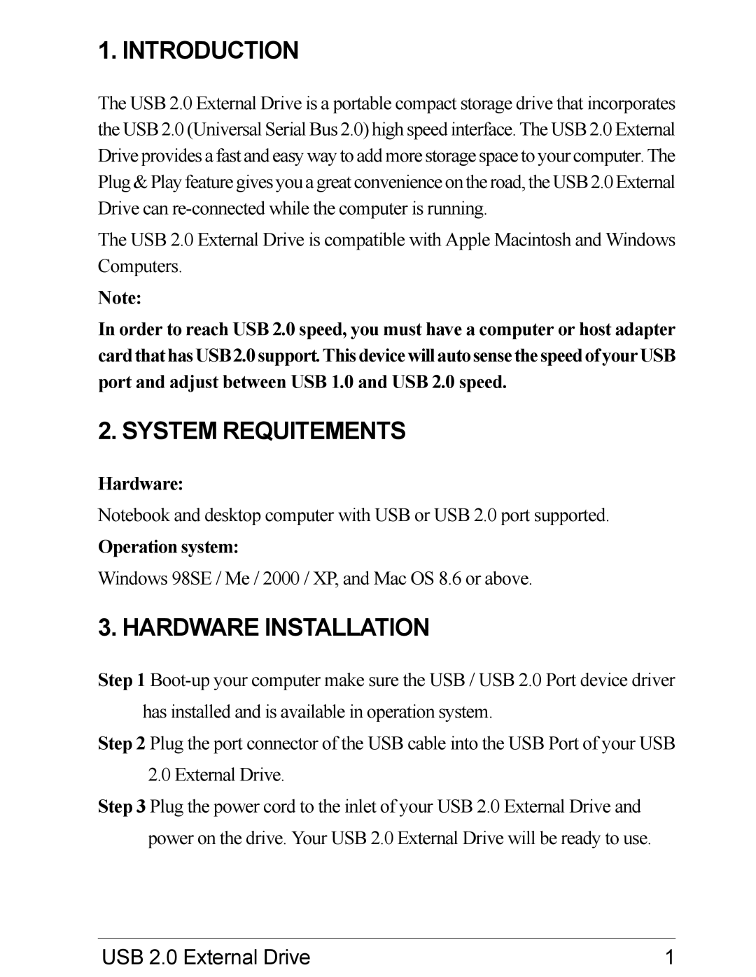 VIPowER USB 2.0 user manual Introduction, Hardware Operation system 