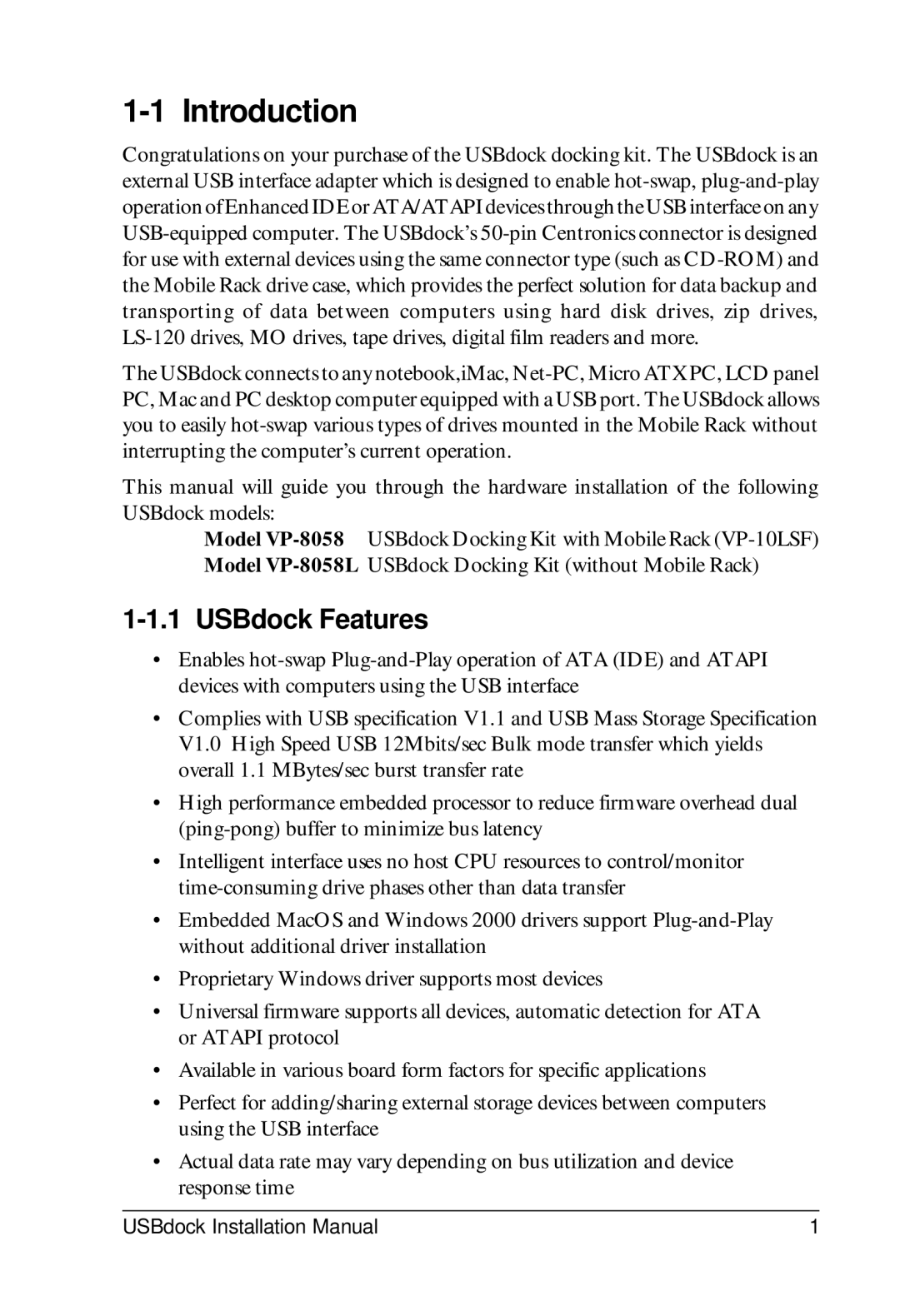 VIPowER VP-8058L installation manual Introduction, USBdock Features 