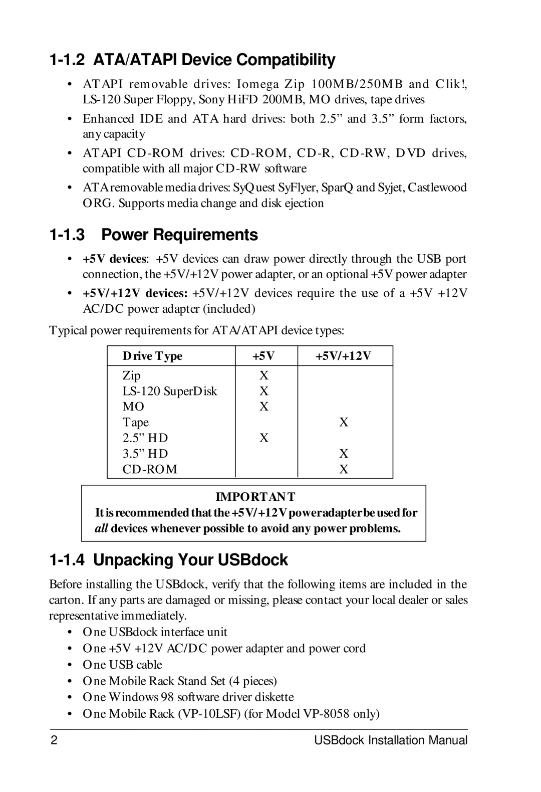 VIPowER VP-8058L 2 ATA/ATAPI Device Compatibility, Power Requirements, Unpacking Your USBdock, Drive Type +5V +5V/+12V 