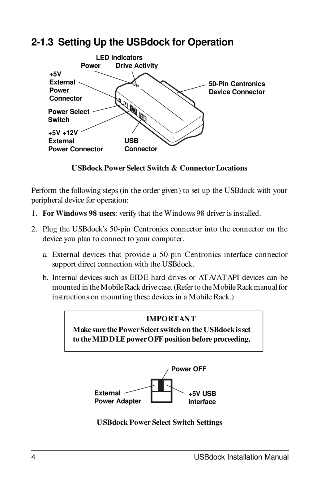 VIPowER VP-8058L Setting Up the USBdock for Operation, USBdock Power Select Switch & Connector Locations 