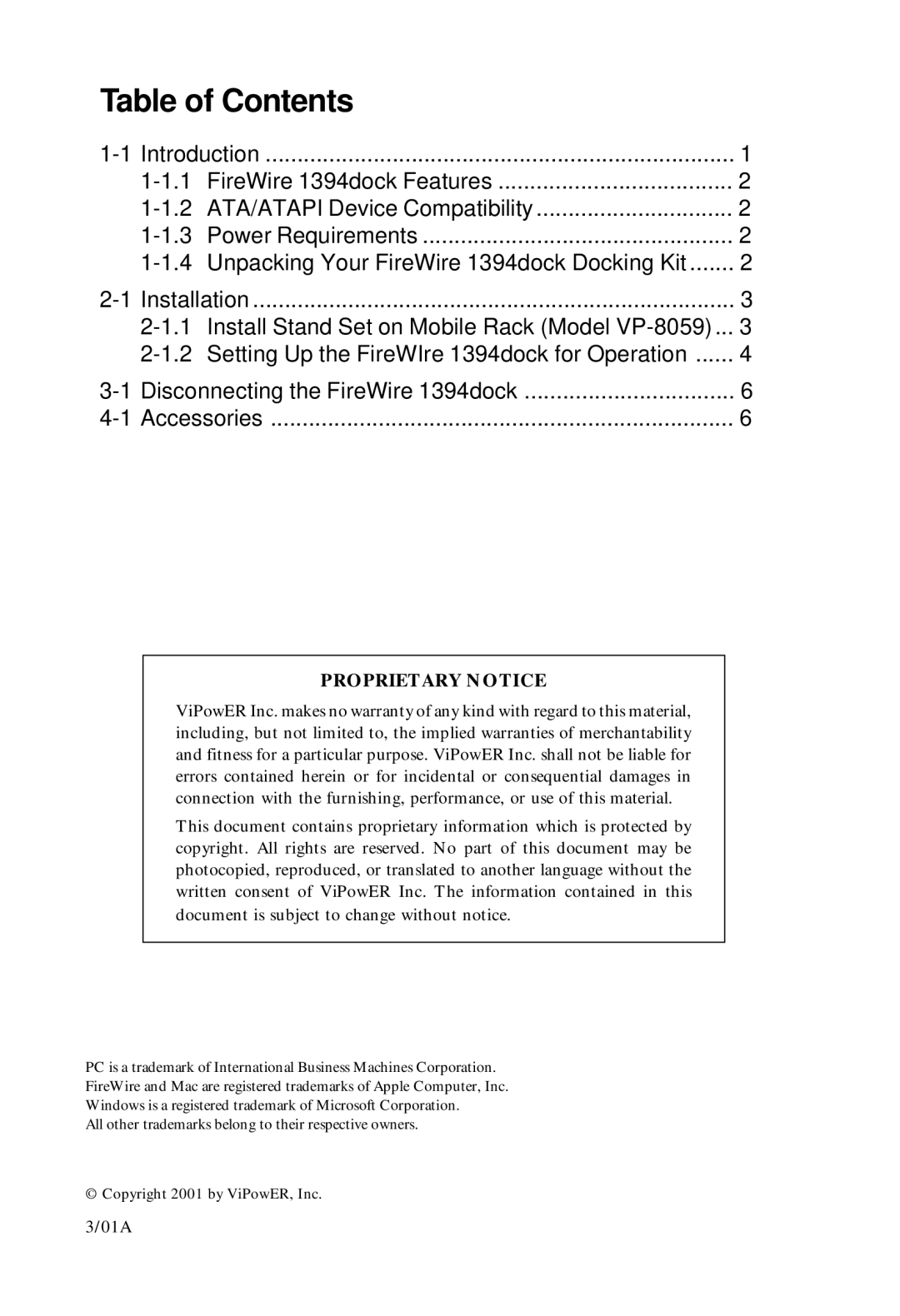 VIPowER VP-8059L installation manual Table of Contents 