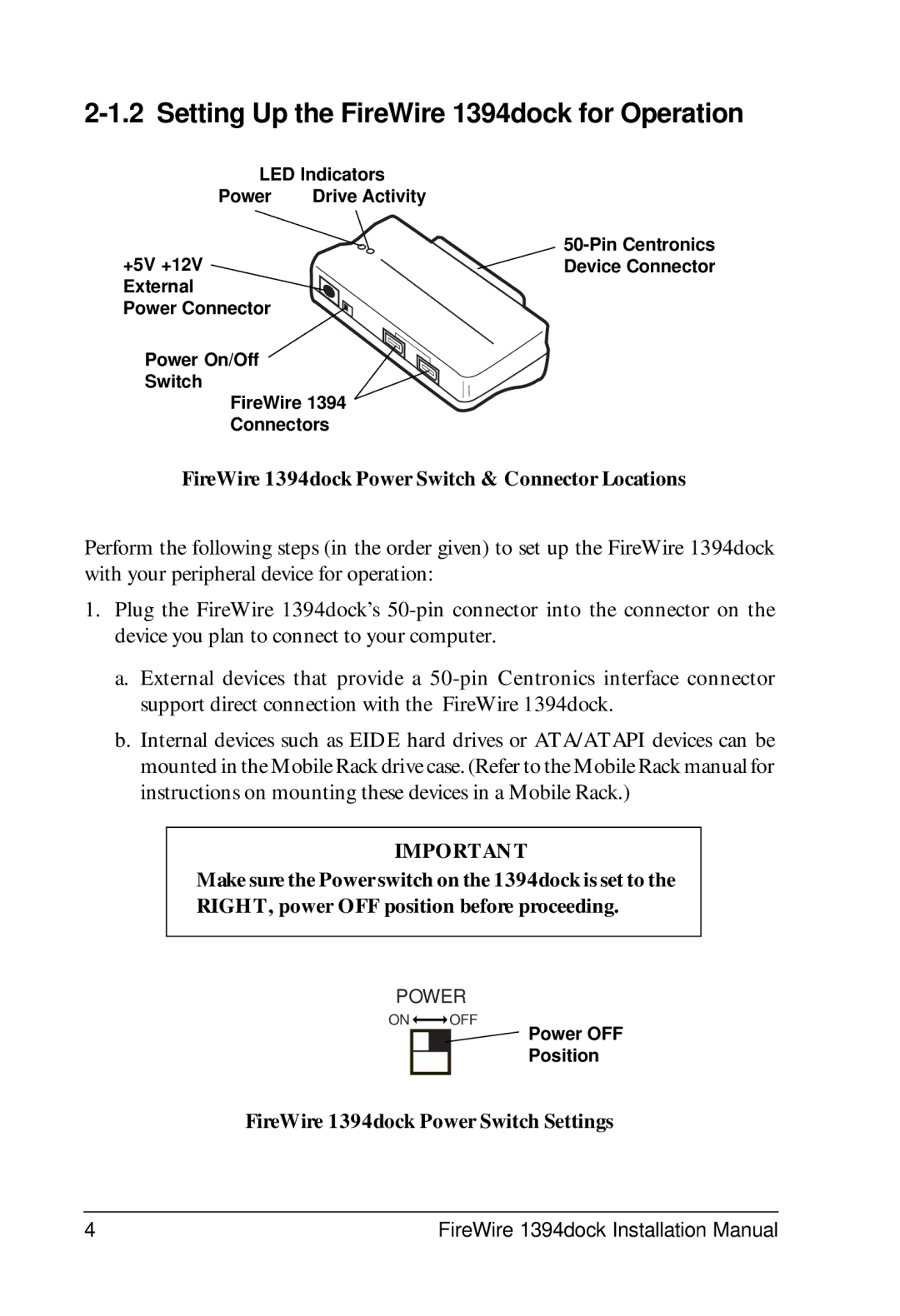 VIPowER VP-8059L Setting Up the FireWire 1394dock for Operation, FireWire 1394dock Power Switch & Connector Locations 