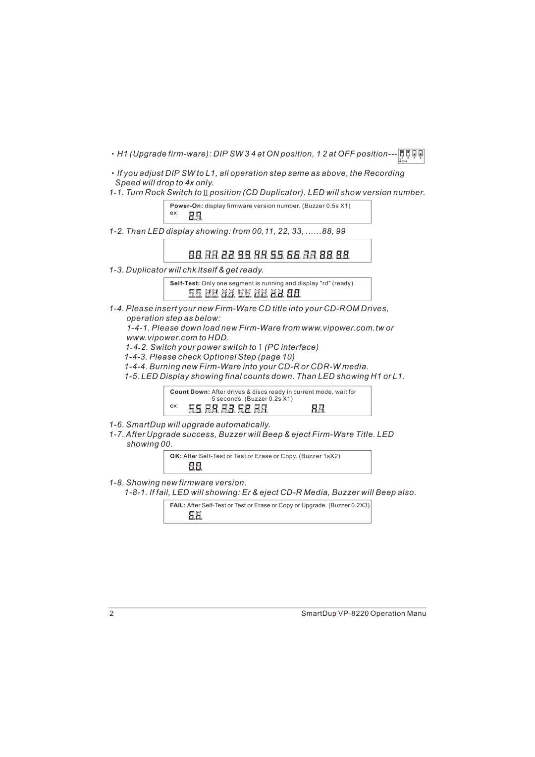 VIPowER VP-8220 installation manual Power-Ondisplay firmware version number. Buzzer 0.5s X1 ex 