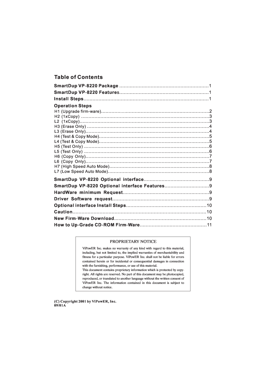 VIPowER VP-8220 installation manual Table of Contents 
