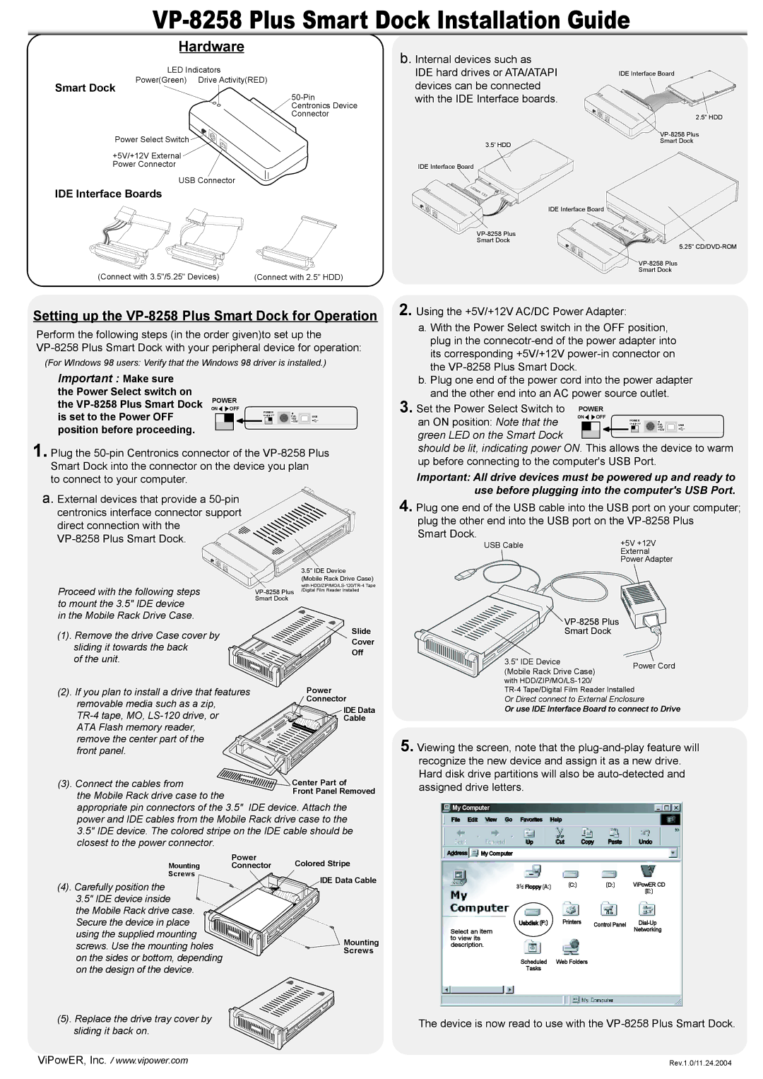 VIPowER manual VP-8258 Plus Smart Dock Installation Guide, Hardware, IDE Interface Boards 