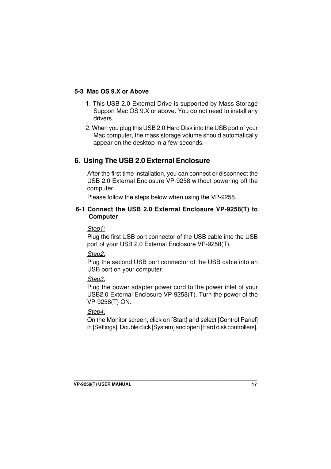 VIPowER VP-9258(T) user manual Using The USB 2.0 External Enclosure, Mac OS 9.X or Above 