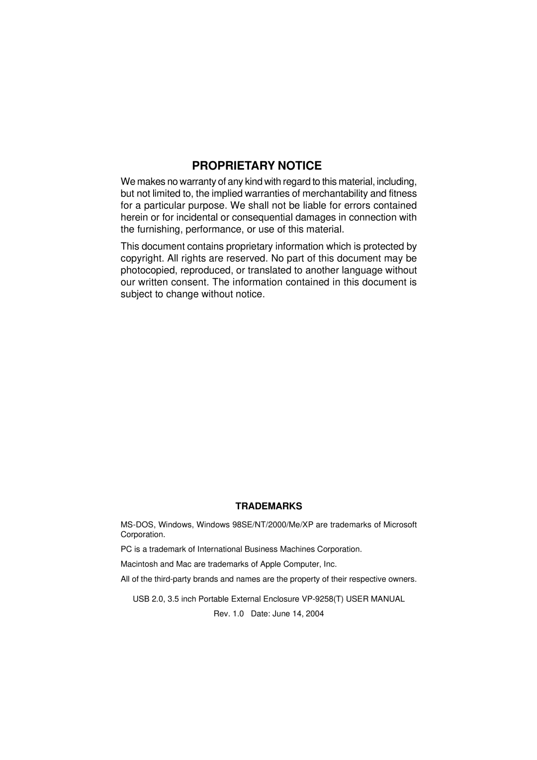 VIPowER VP-9258(T) user manual Proprietary Notice 