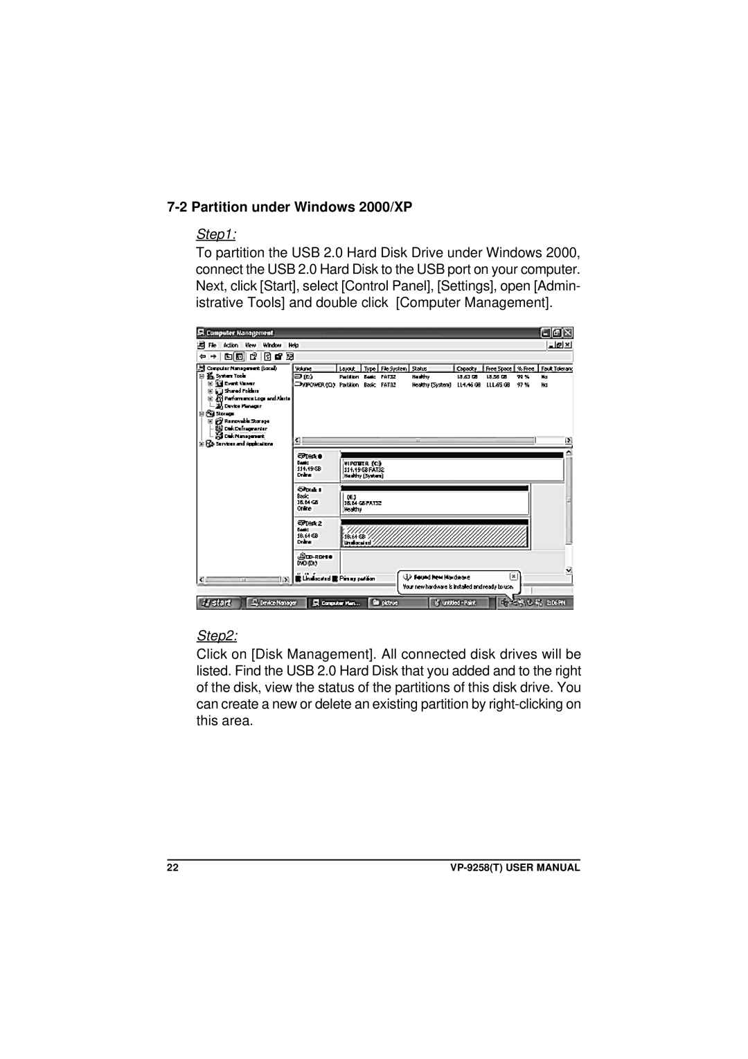 VIPowER VP-9258(T) user manual Partition under Windows 2000/XP 